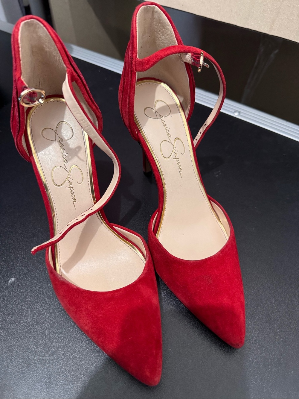 Jessica Simpson-Carlette Red Suede Pointed-Toe Ankle-Strap Heels